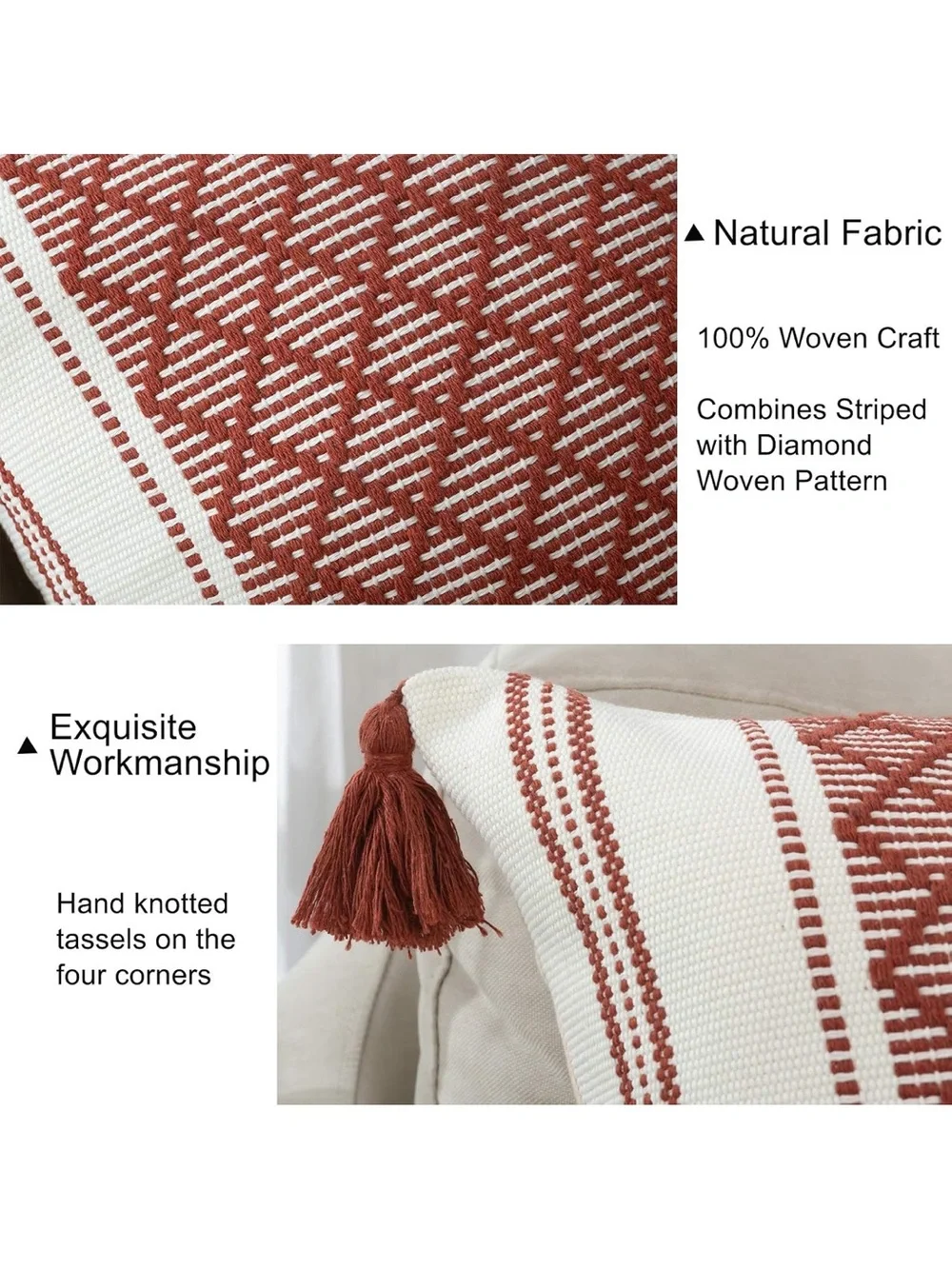Boho Diamond Jacquard Tassel Throw Pillow Covers - Rust Cream (Set of 2) C10